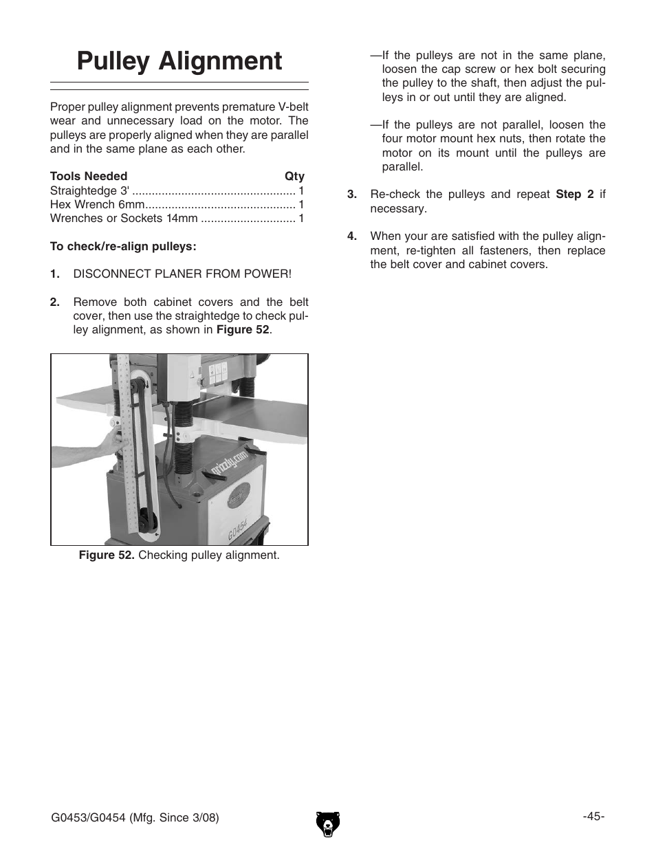 Pulley alignment | Grizzly G0453 User Manual | Page 47 / 72