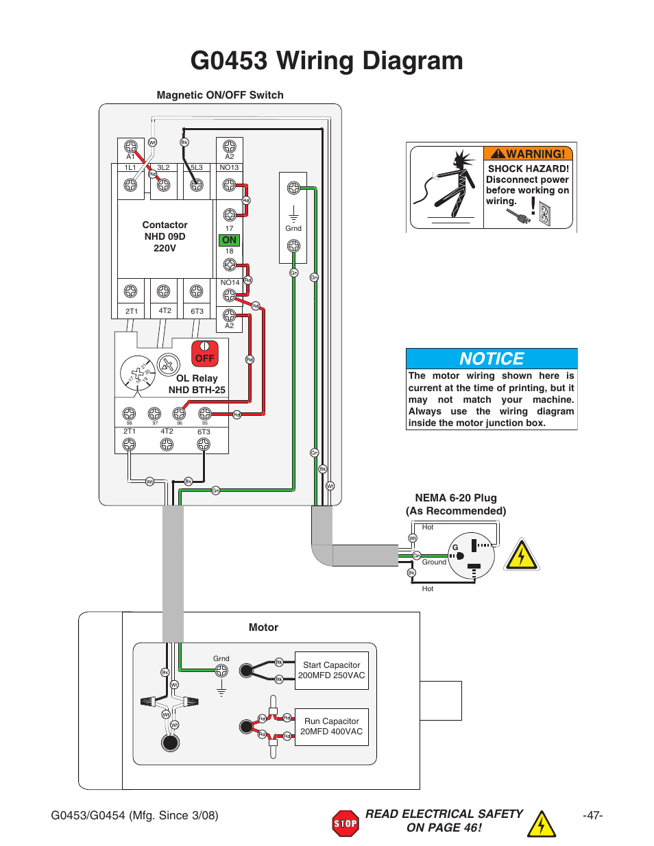 G0453 wiring diagram, Wiring diagram g0453 | Grizzly G0453 User Manual | Page 49 / 72