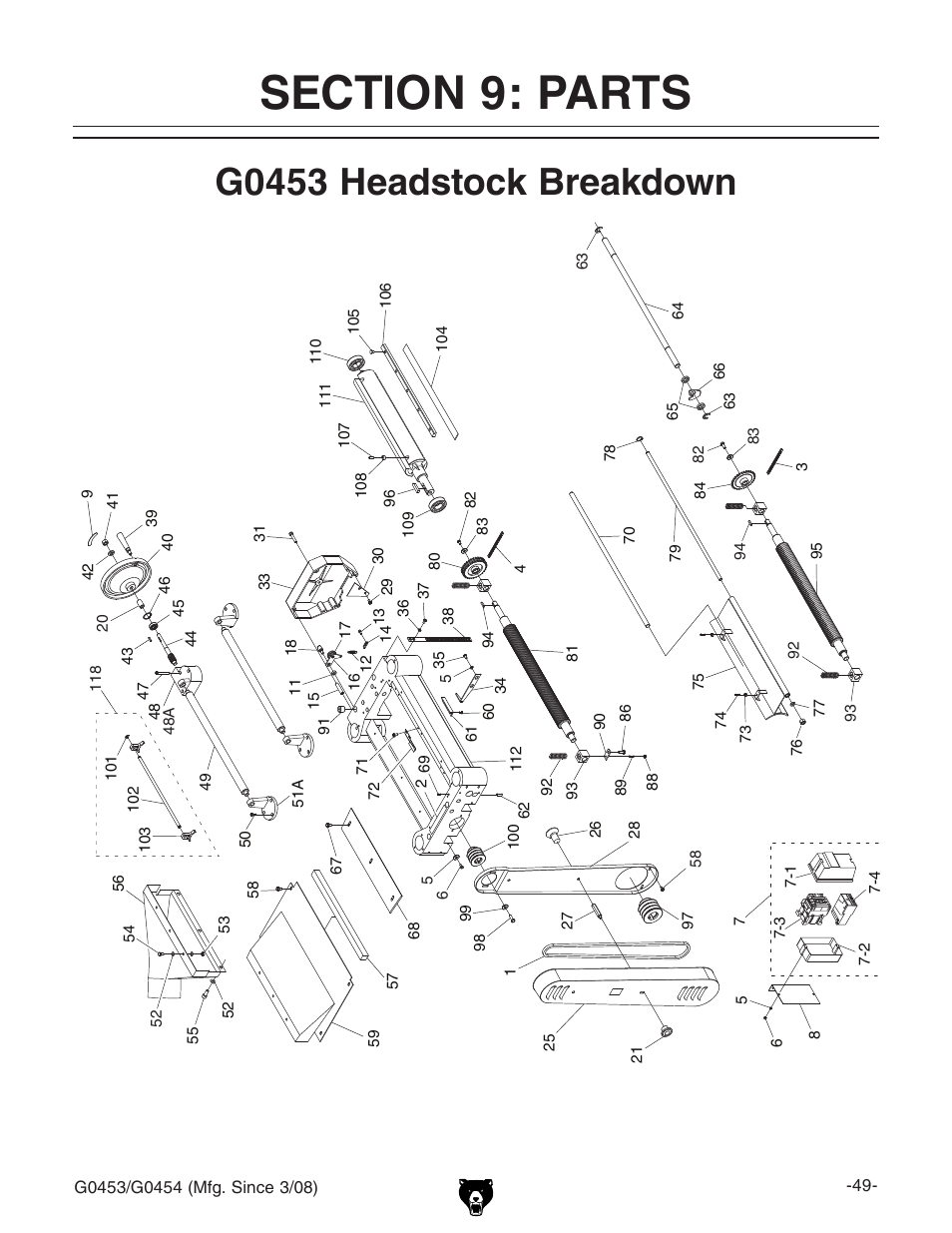 G0453 headstock breakdown | Grizzly G0453 User Manual | Page 51 / 72