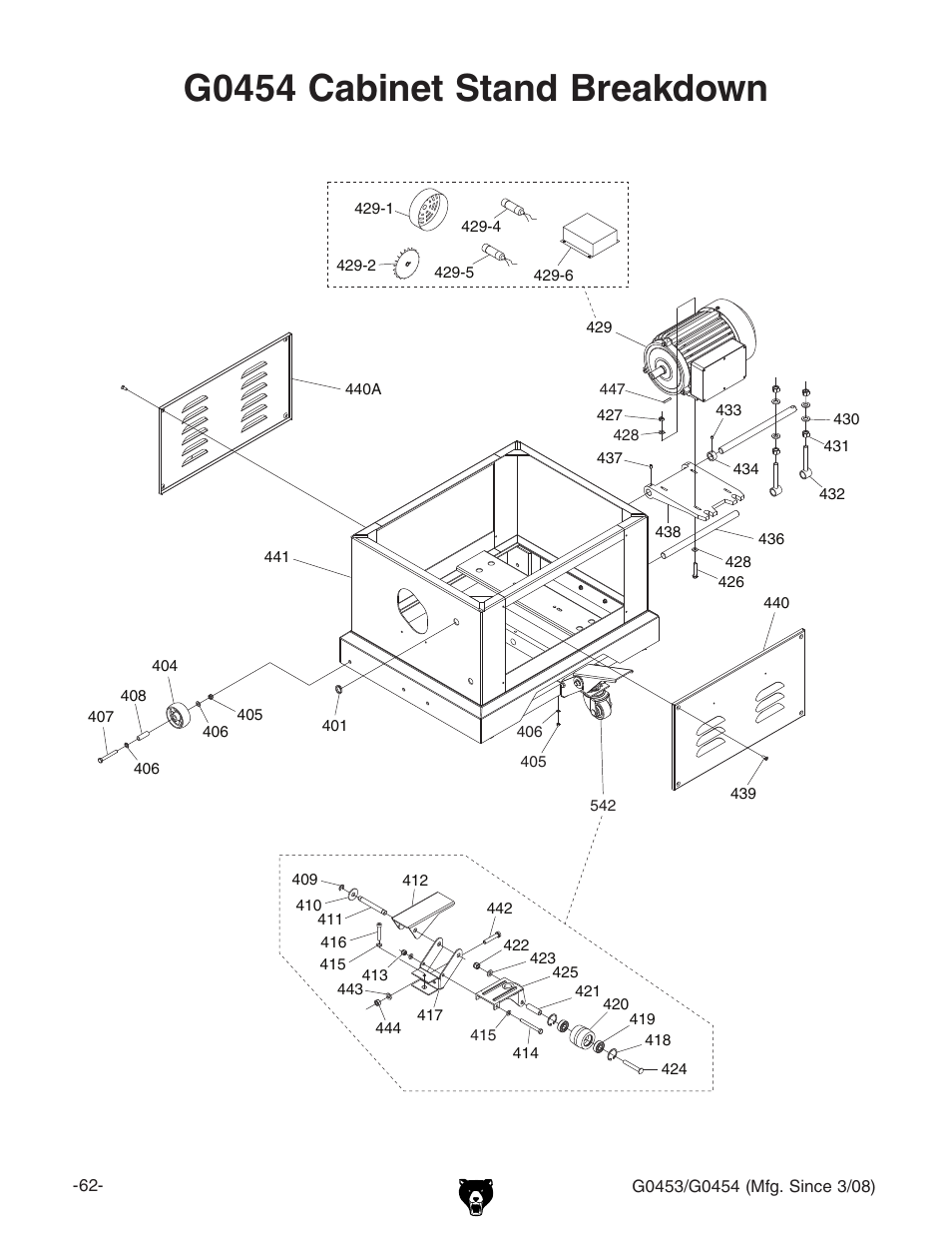 G0454 cabinet stand breakdown | Grizzly G0453 User Manual | Page 64 / 72