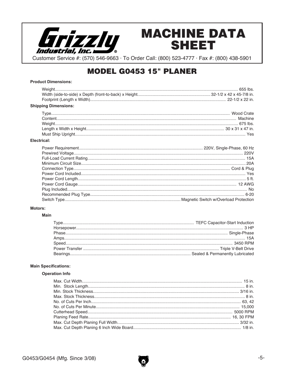 Machine data sheet, G0453 machine data sheet | Grizzly G0453 User Manual | Page 7 / 72