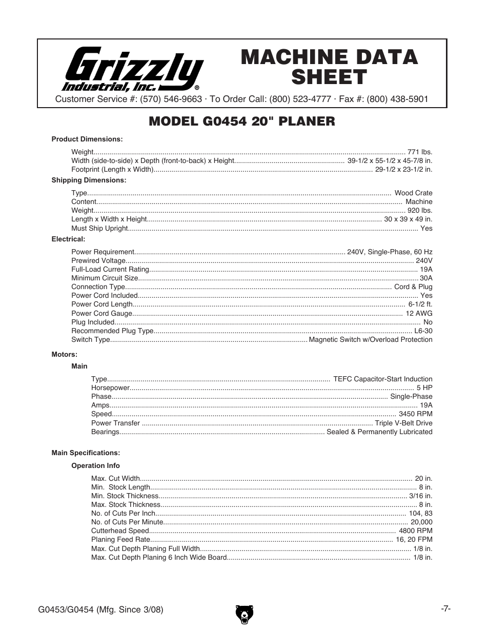 Machine data sheet, G0454 machine data sheet | Grizzly G0453 User Manual | Page 9 / 72