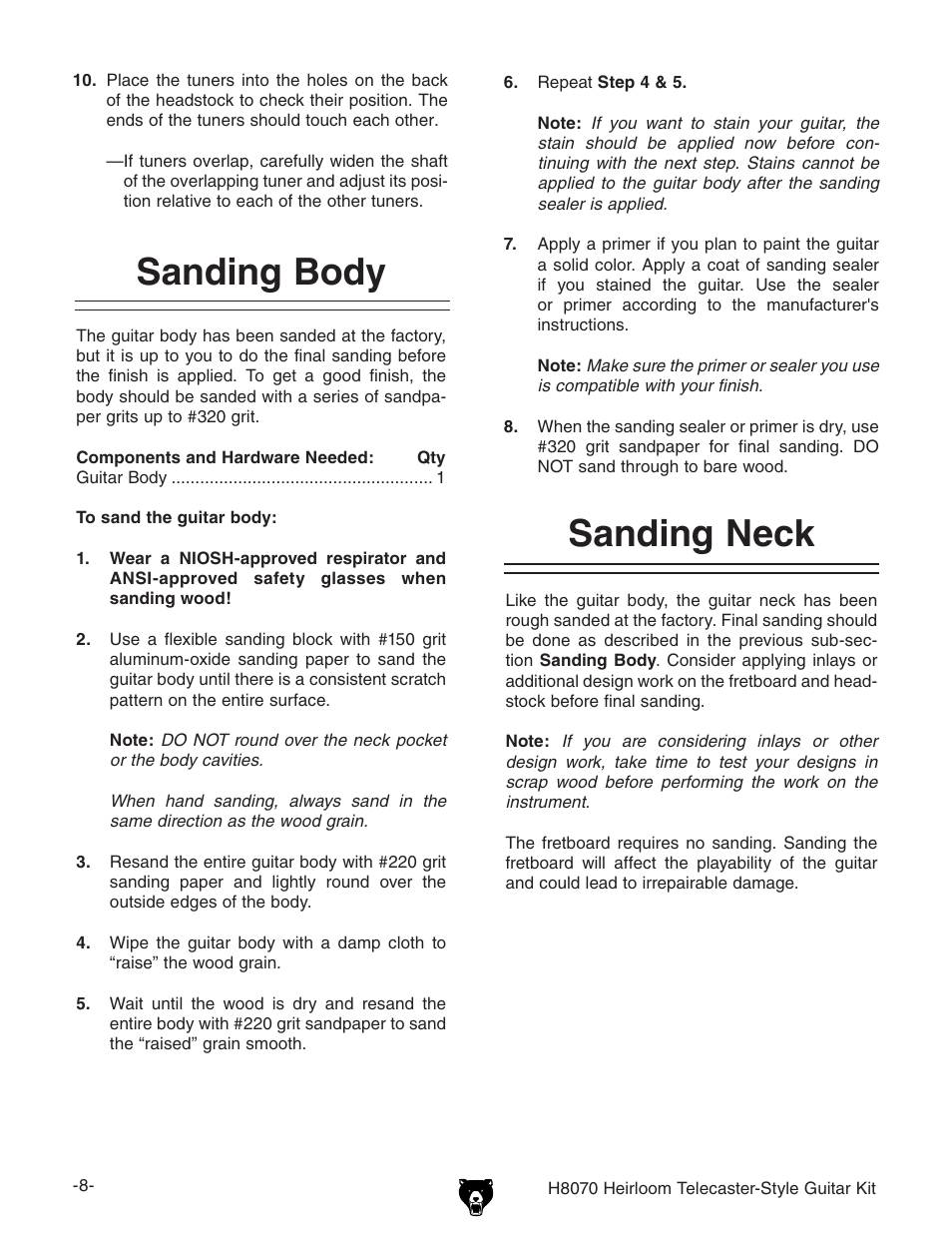 Sanding neck, Sanding body | Grizzly H8070 User Manual | Page 10 / 36