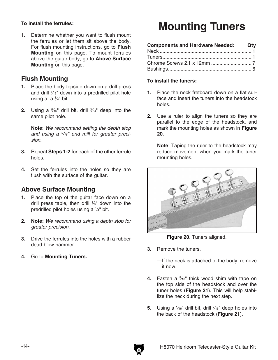 Mounting tuners, Flush mounting, Above surface mounting | Grizzly H8070 User Manual | Page 16 / 36