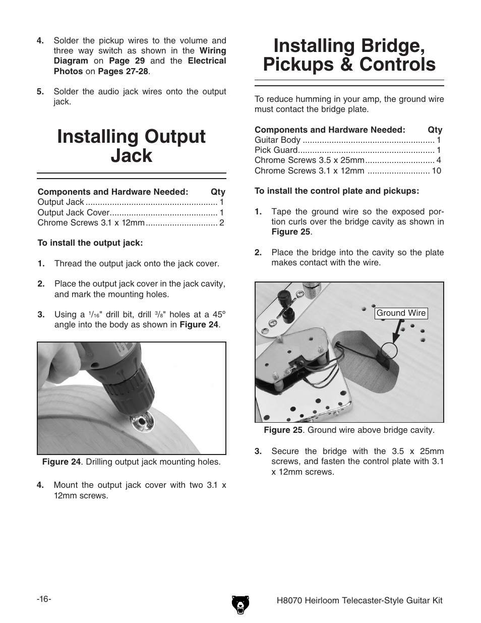 Installing output jack, Installing bridge, pickups & controls | Grizzly H8070 User Manual | Page 18 / 36