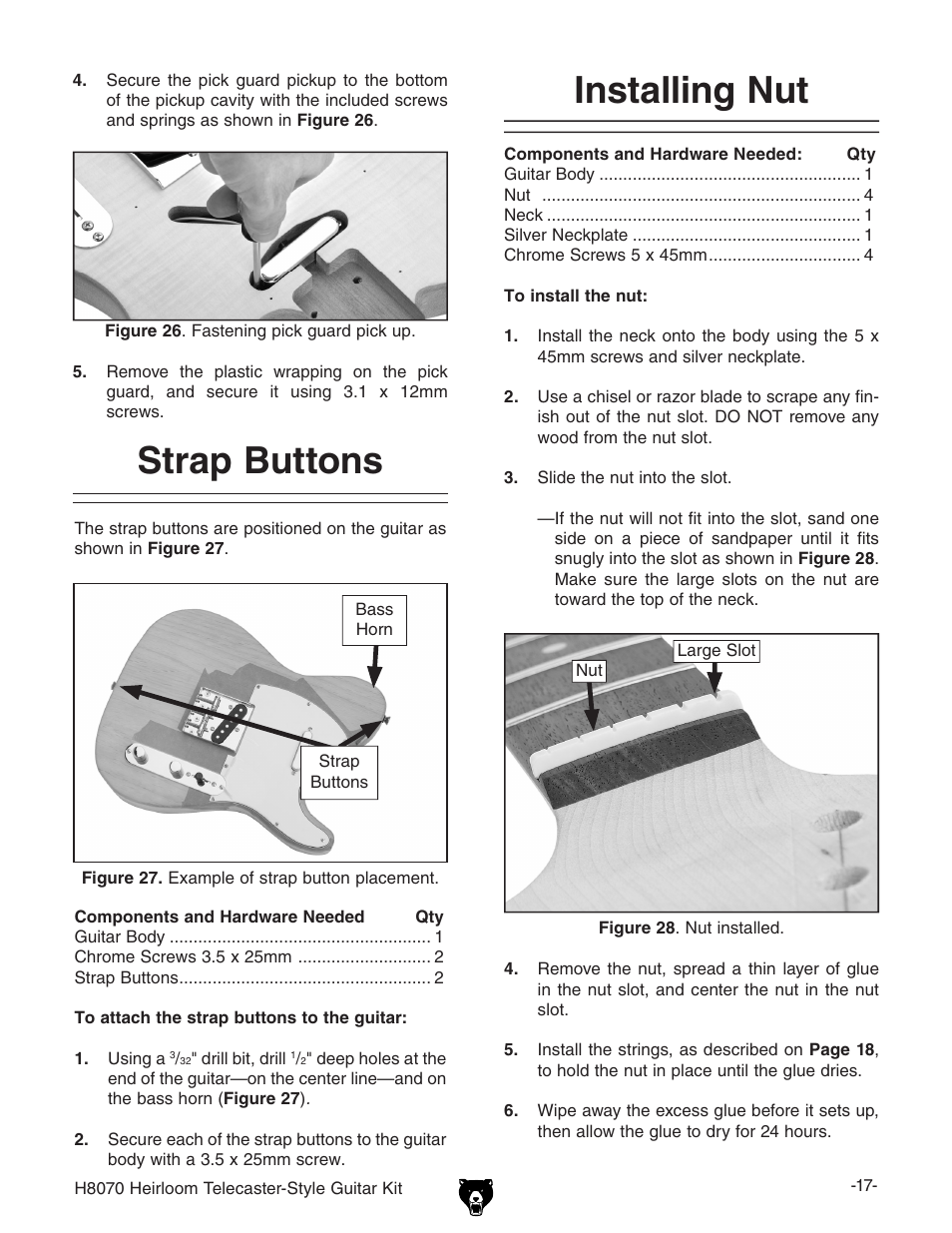 Strap buttons, Installing nut | Grizzly H8070 User Manual | Page 19 / 36