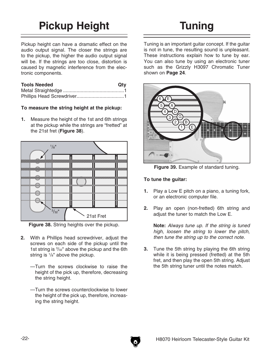 Pickup height, Tuning | Grizzly H8070 User Manual | Page 24 / 36