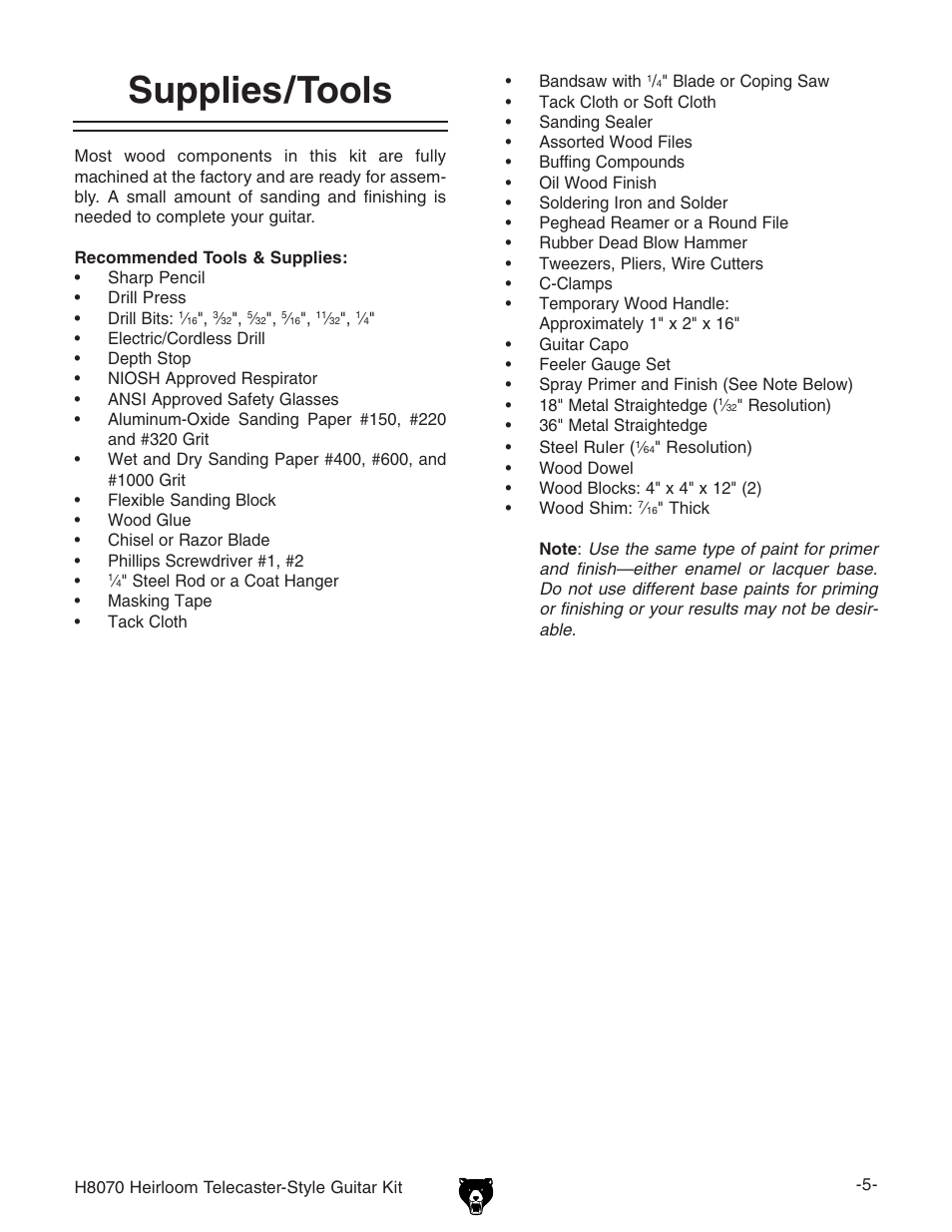 Supplies/tools | Grizzly H8070 User Manual | Page 7 / 36