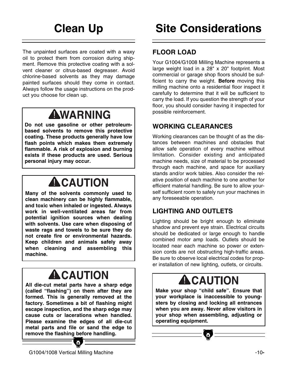 Clean up, Site considerations | Grizzly G1004 User Manual | Page 10 / 17