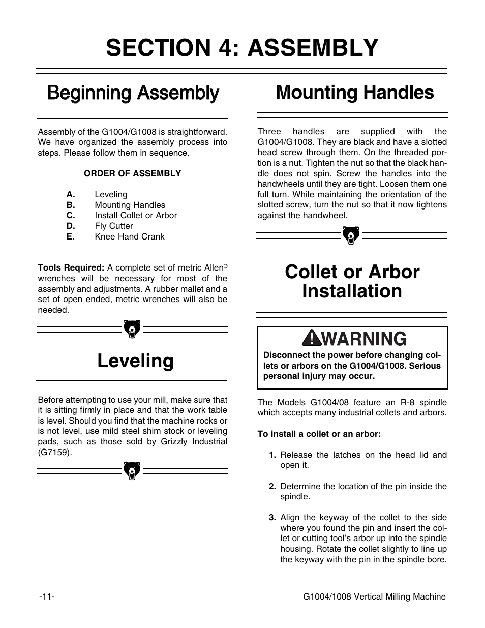 Collet or arbor installation | Grizzly G1004 User Manual | Page 11 / 17