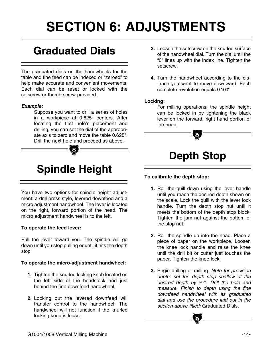 Graduated dials, Spindle height, Depth stop | Grizzly G1004 User Manual | Page 14 / 17