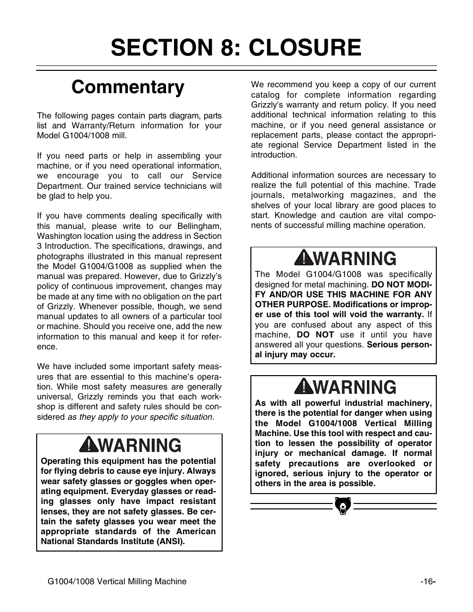 Commentary | Grizzly G1004 User Manual | Page 16 / 17