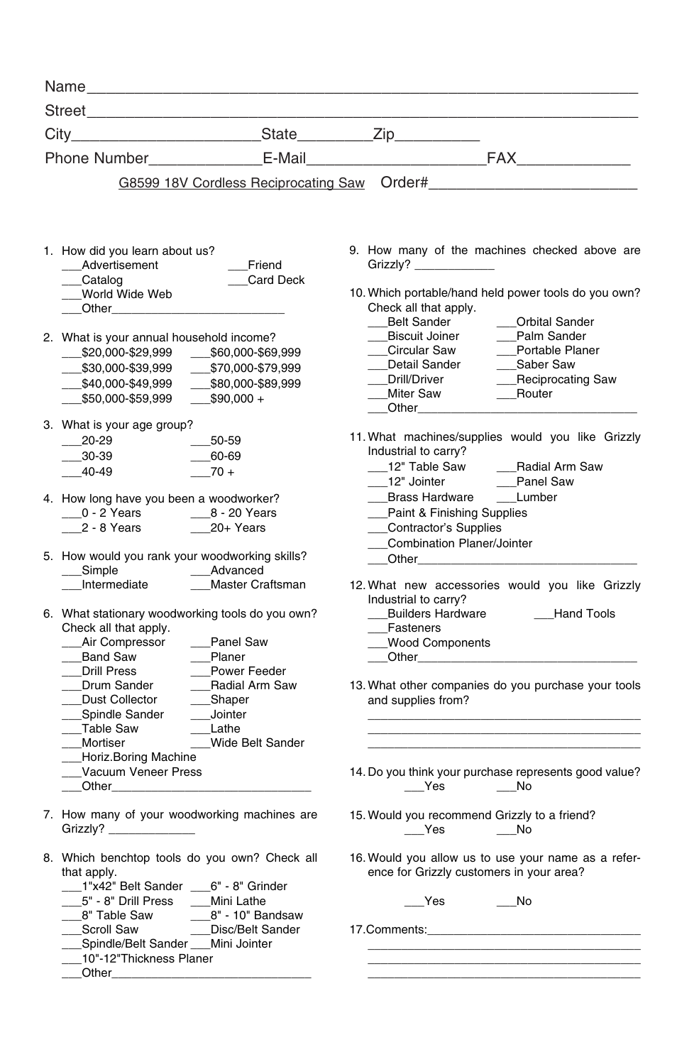 Warranty card, Name, Street | City, State, Phone number, E-mail, Model, Order | Grizzly G8599 User Manual | Page 12 / 13