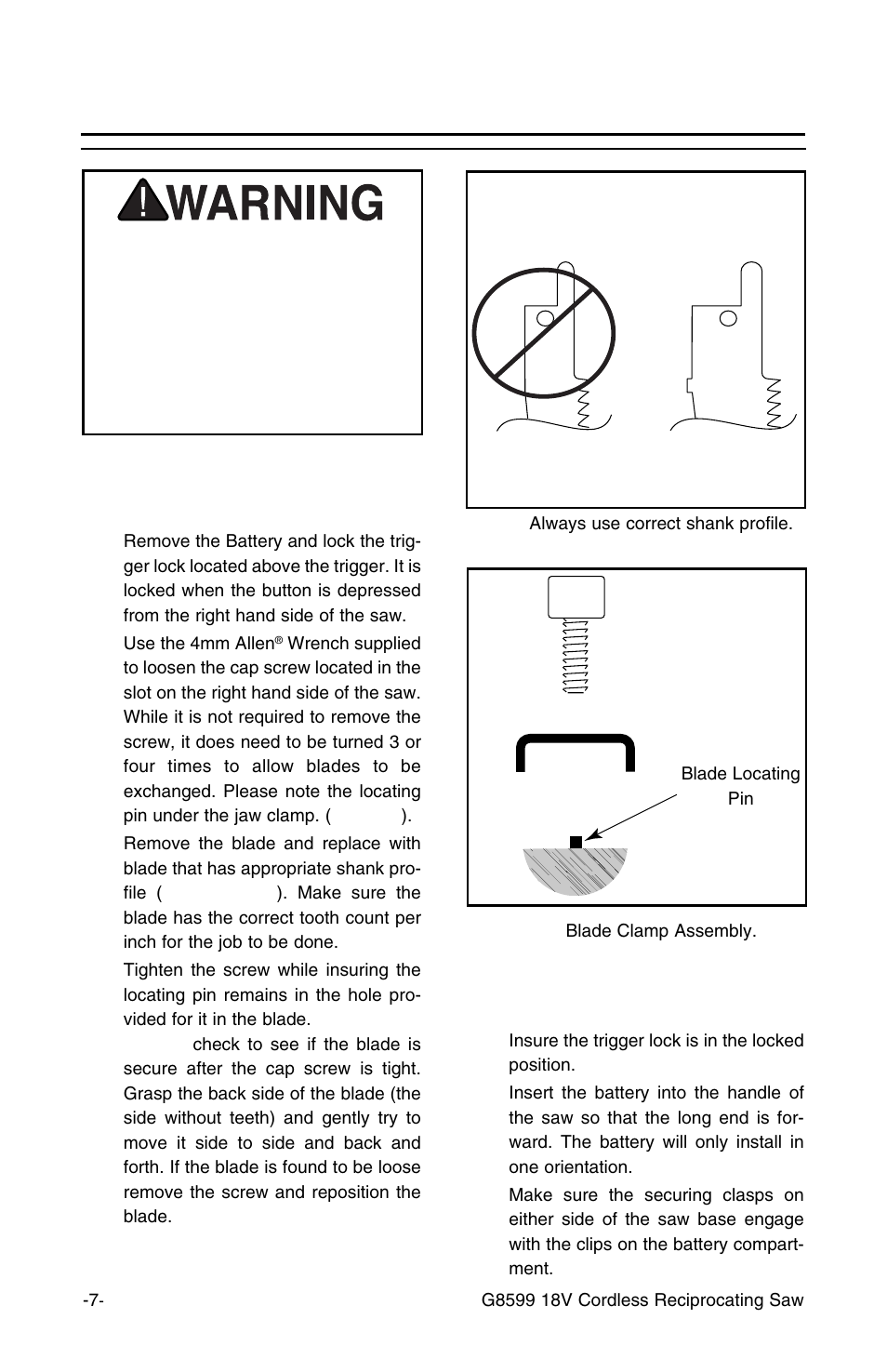 Operation, Inserting and removing saw blades, Inserting battery into saw | Grizzly G8599 User Manual | Page 7 / 13