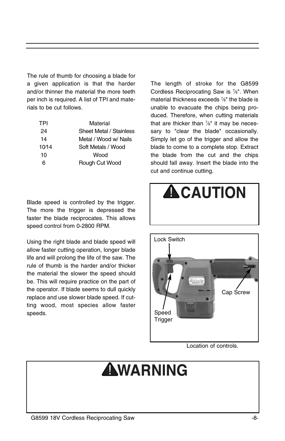 Operation, Cont’d, Stroke length and material thickness | Choosing the right blade, Choosing the blade speed | Grizzly G8599 User Manual | Page 8 / 13