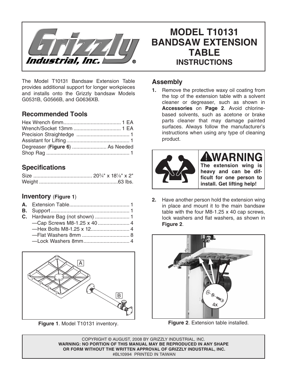 Grizzly T10131 User Manual | 4 pages