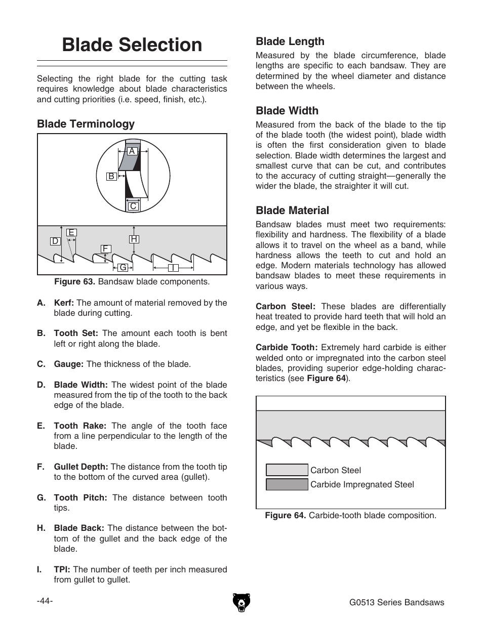 Blade selection | Grizzly G0513P User Manual | Page 46 / 108