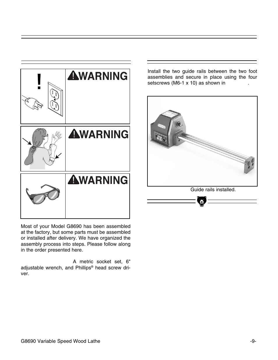 Beginning assembly, Guide rails | Grizzly G8690 User Manual | Page 11 / 24