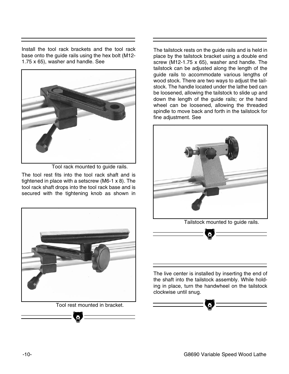 Tailstock, Live center, Tool rest | Grizzly G8690 User Manual | Page 12 / 24