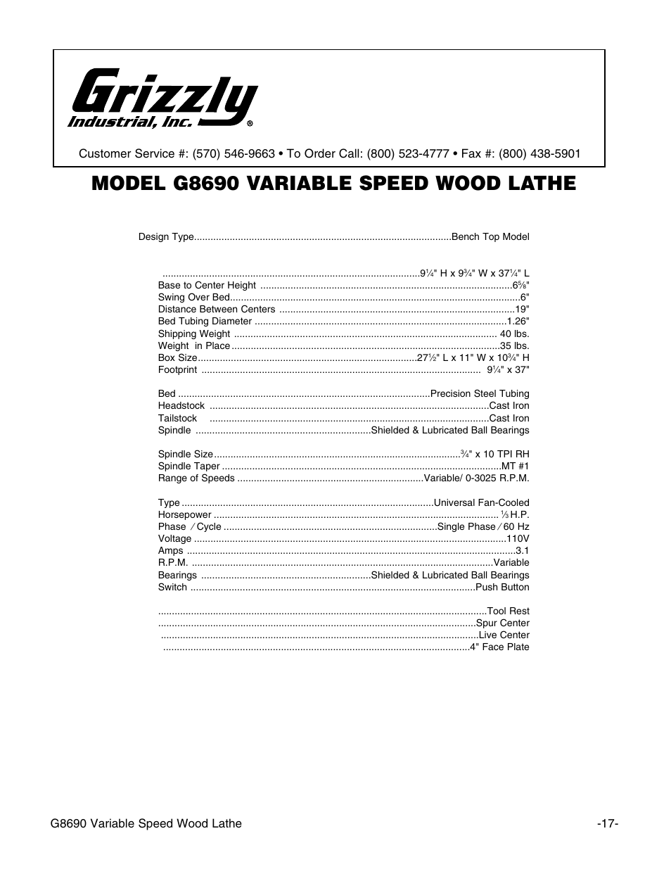 Machine data sheet, Model g8690 variable speed wood lathe | Grizzly G8690 User Manual | Page 19 / 24