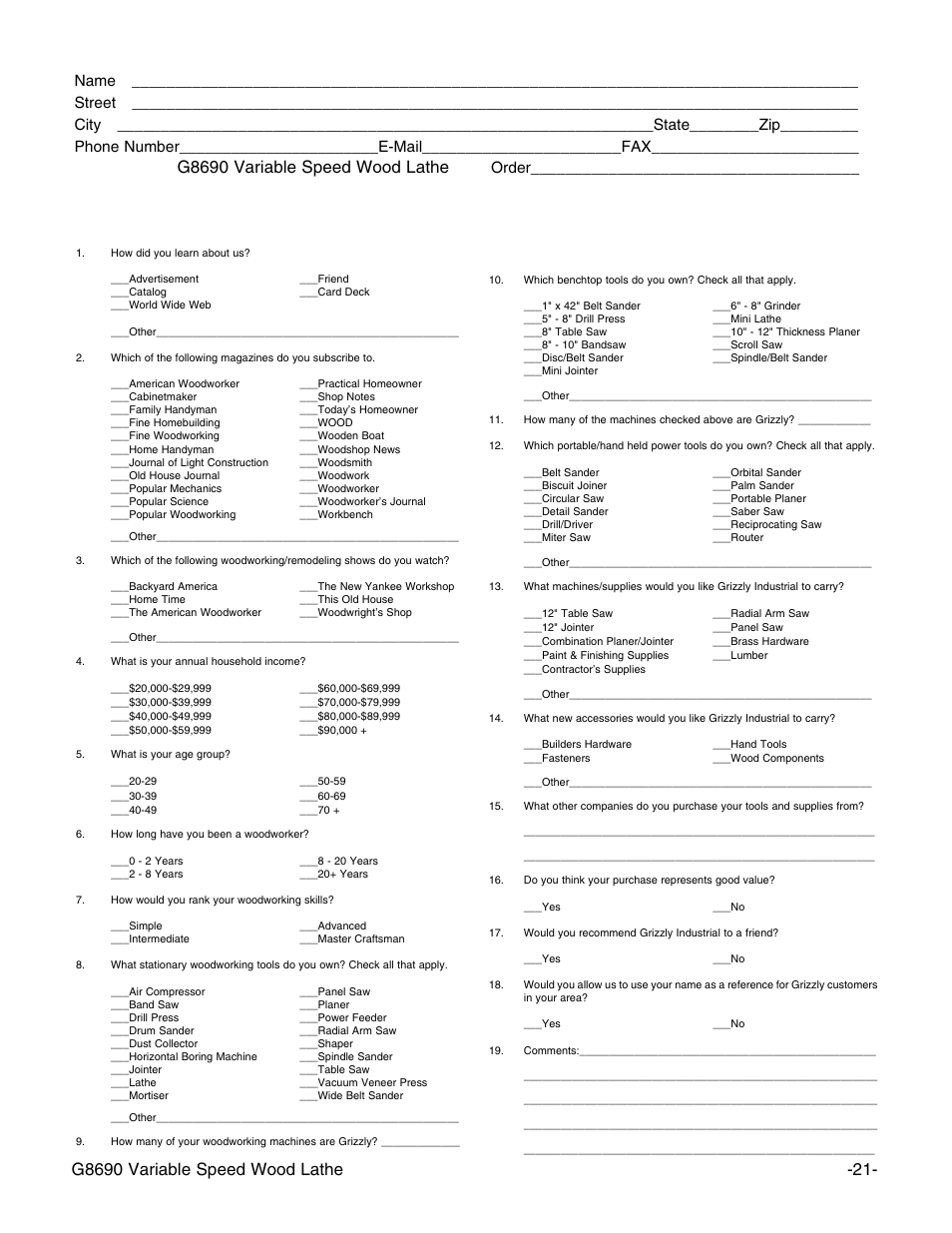 Warranty card, G8690 variable speed wood lathe, Order | Grizzly G8690 User Manual | Page 23 / 24