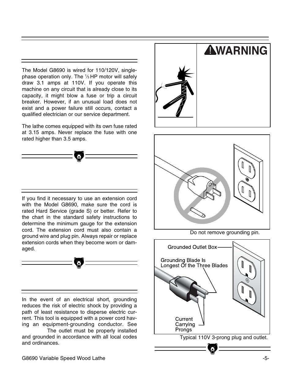 110v operation, Extension cords grounding | Grizzly G8690 User Manual | Page 7 / 24