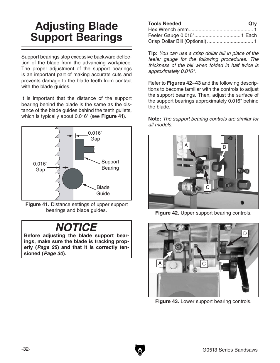 Adjusting blade support bearings | Grizzly G0513X2 User Manual | Page 34 / 108