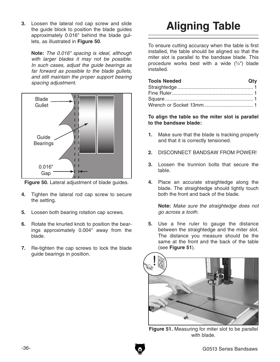 Aligning table | Grizzly G0513X2 User Manual | Page 38 / 108