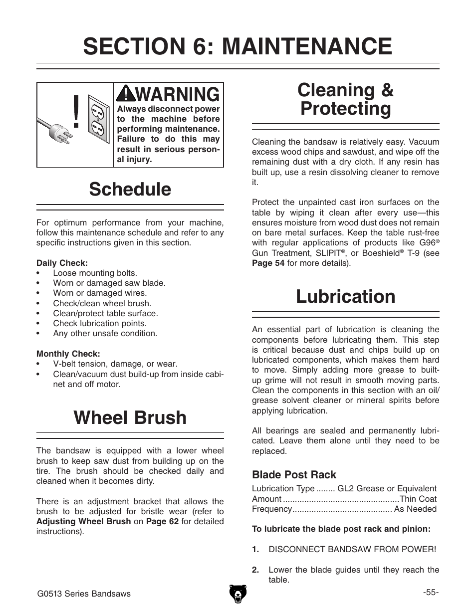 Schedule cleaning & protecting, Wheel brush, Lubrication | Grizzly G0513X2 User Manual | Page 57 / 108