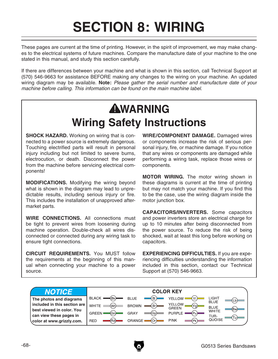 Wiring safety instructions | Grizzly G0513X2 User Manual | Page 70 / 108