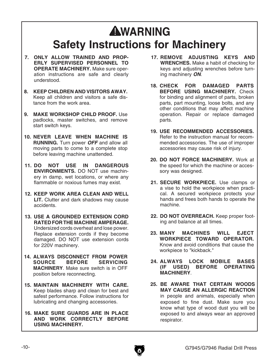 Safety instructions for machinery | Grizzly G7945 User Manual | Page 12 / 52