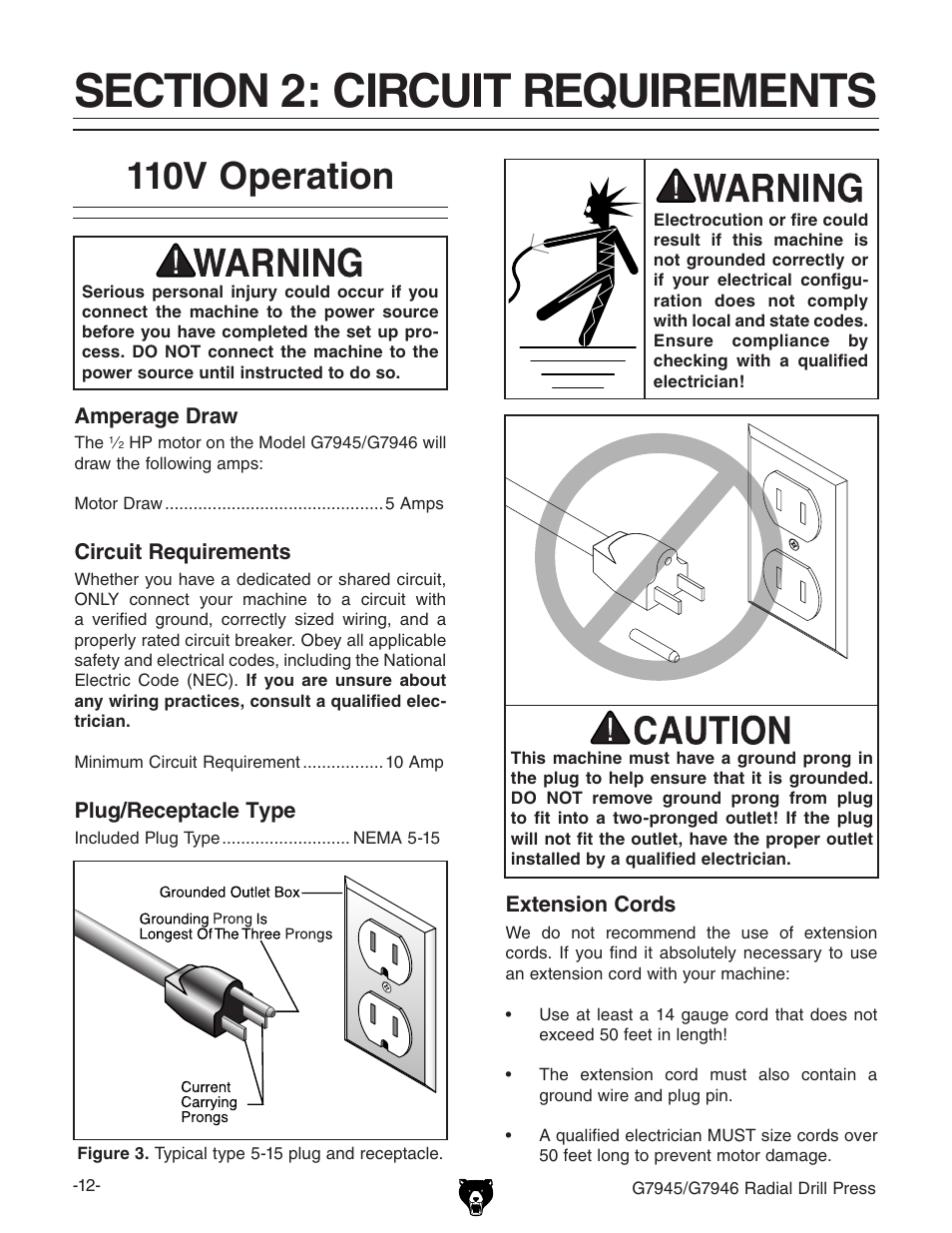 110v operation | Grizzly G7945 User Manual | Page 14 / 52