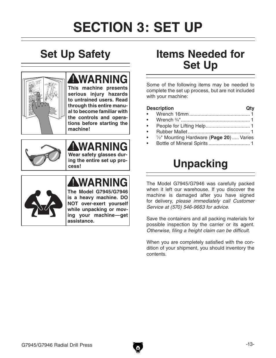 Unpacking set up safety, Items needed for set up | Grizzly G7945 User Manual | Page 15 / 52