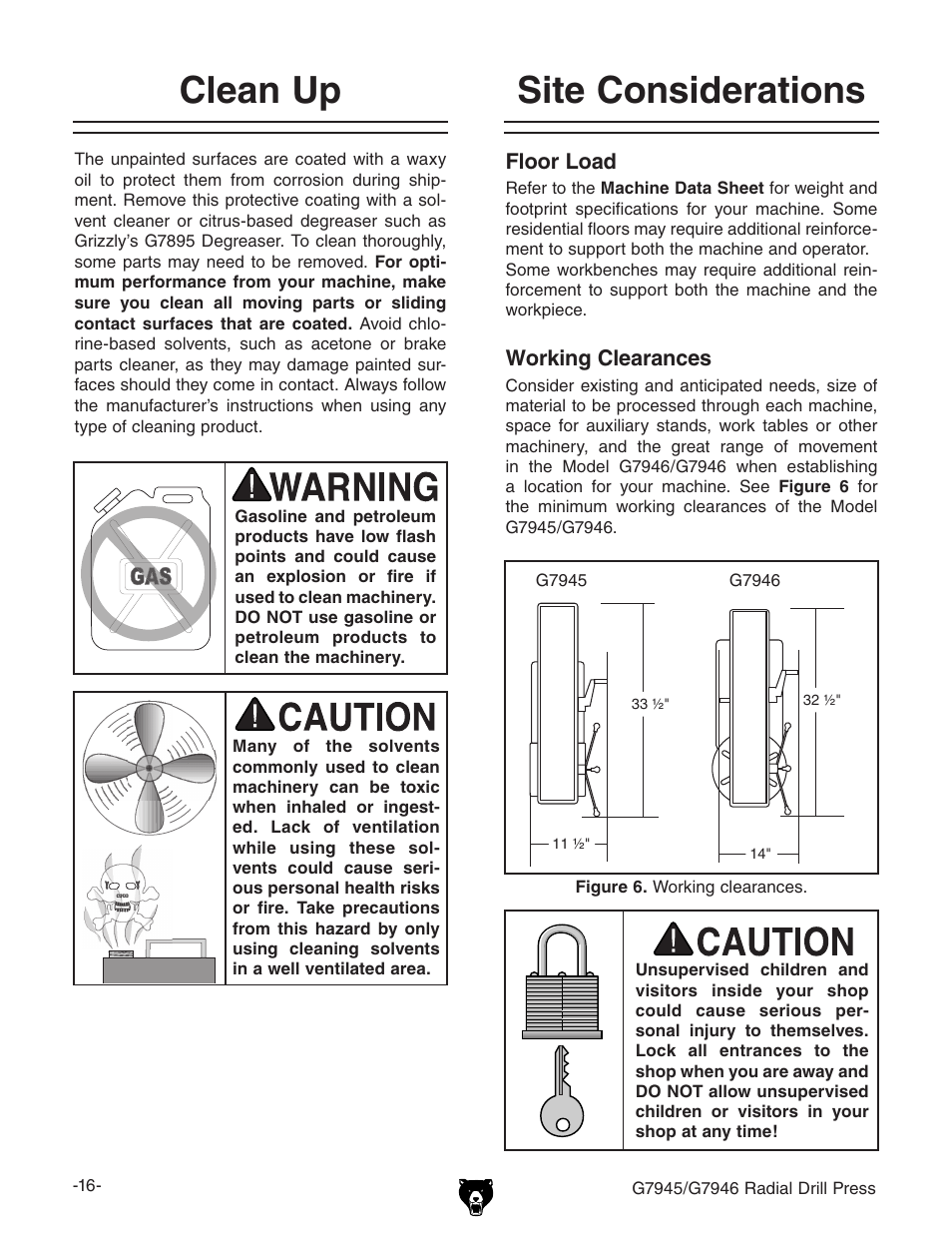 Clean up, Site considerations | Grizzly G7945 User Manual | Page 18 / 52