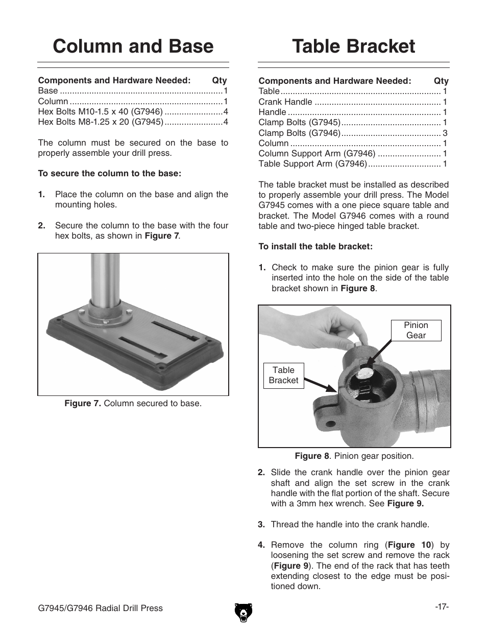 Table bracket, Column and base | Grizzly G7945 User Manual | Page 19 / 52