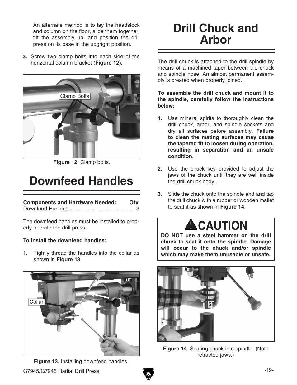 Drill chuck and arbor, Downfeed handles | Grizzly G7945 User Manual | Page 21 / 52