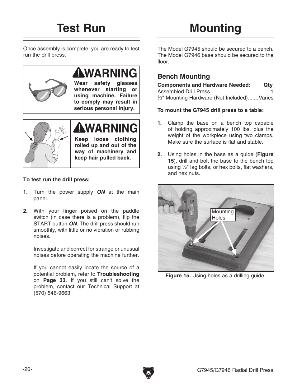 Test run, Mounting, Bench mounting | Grizzly G7945 User Manual | Page 22 / 52