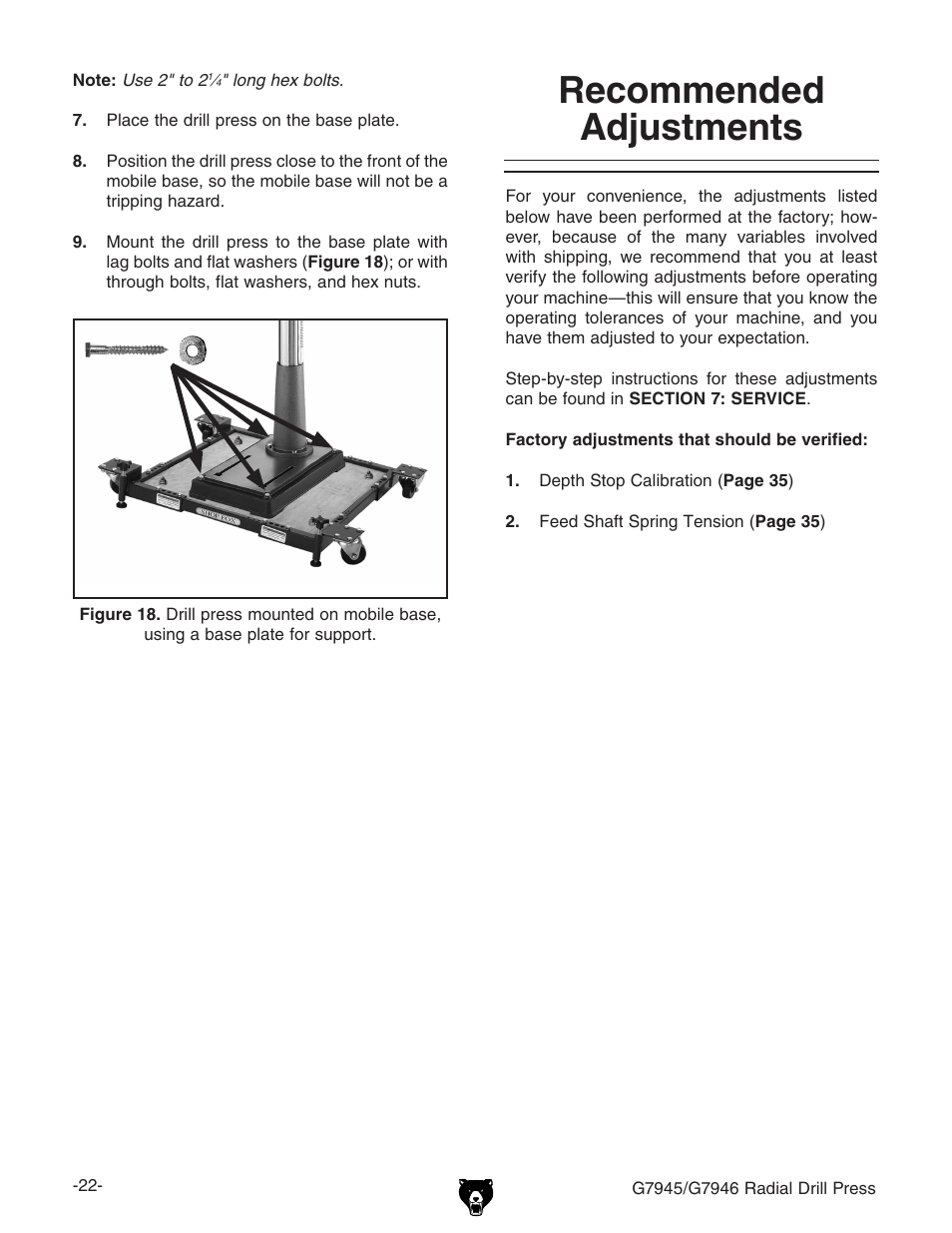 Recommended adjustments | Grizzly G7945 User Manual | Page 24 / 52