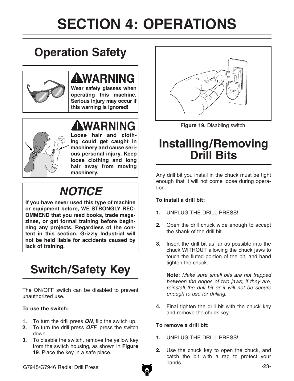 Installing/removing drill bits operation safety, Notice, Switch/safety key | Grizzly G7945 User Manual | Page 25 / 52