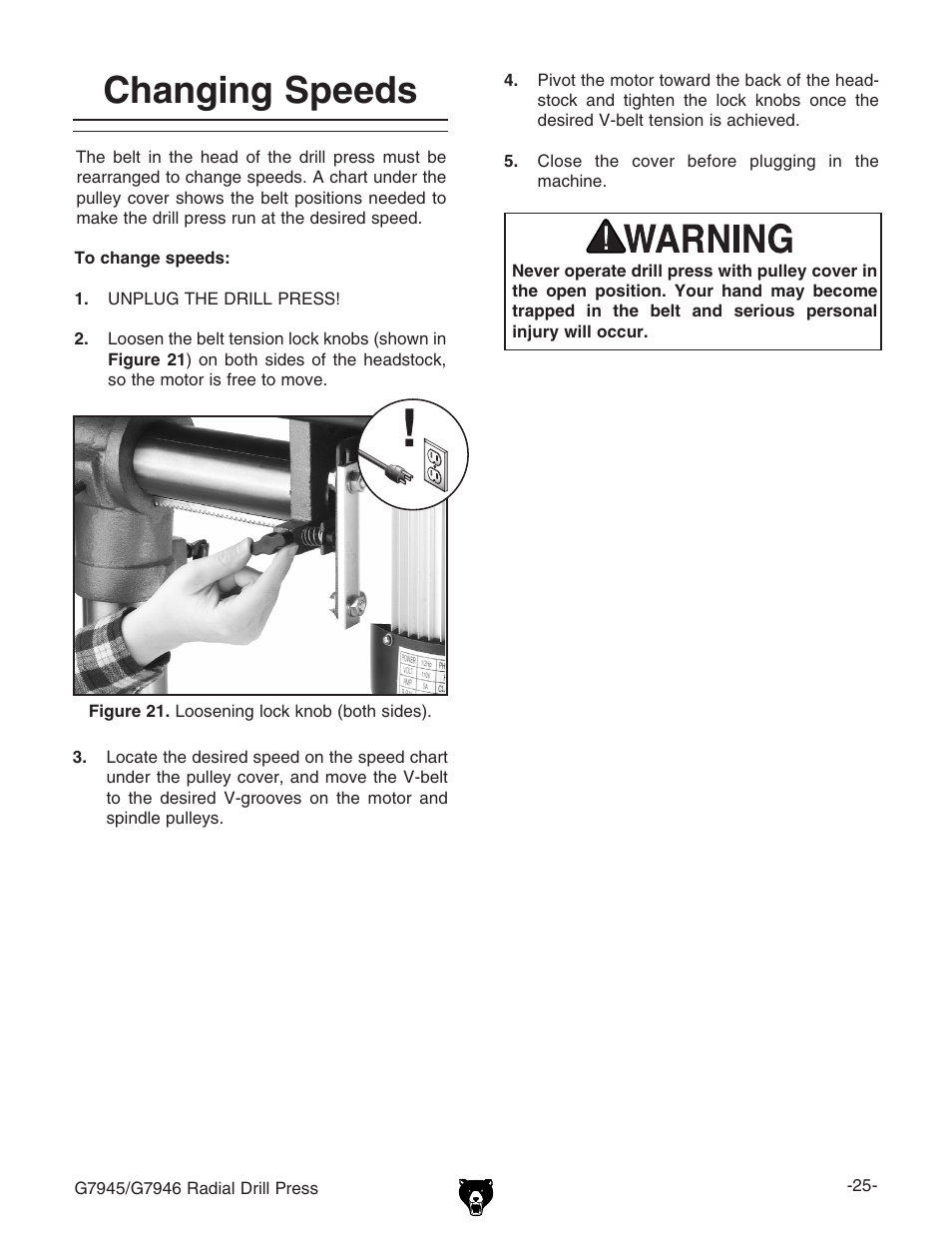 Changing speeds | Grizzly G7945 User Manual | Page 27 / 52