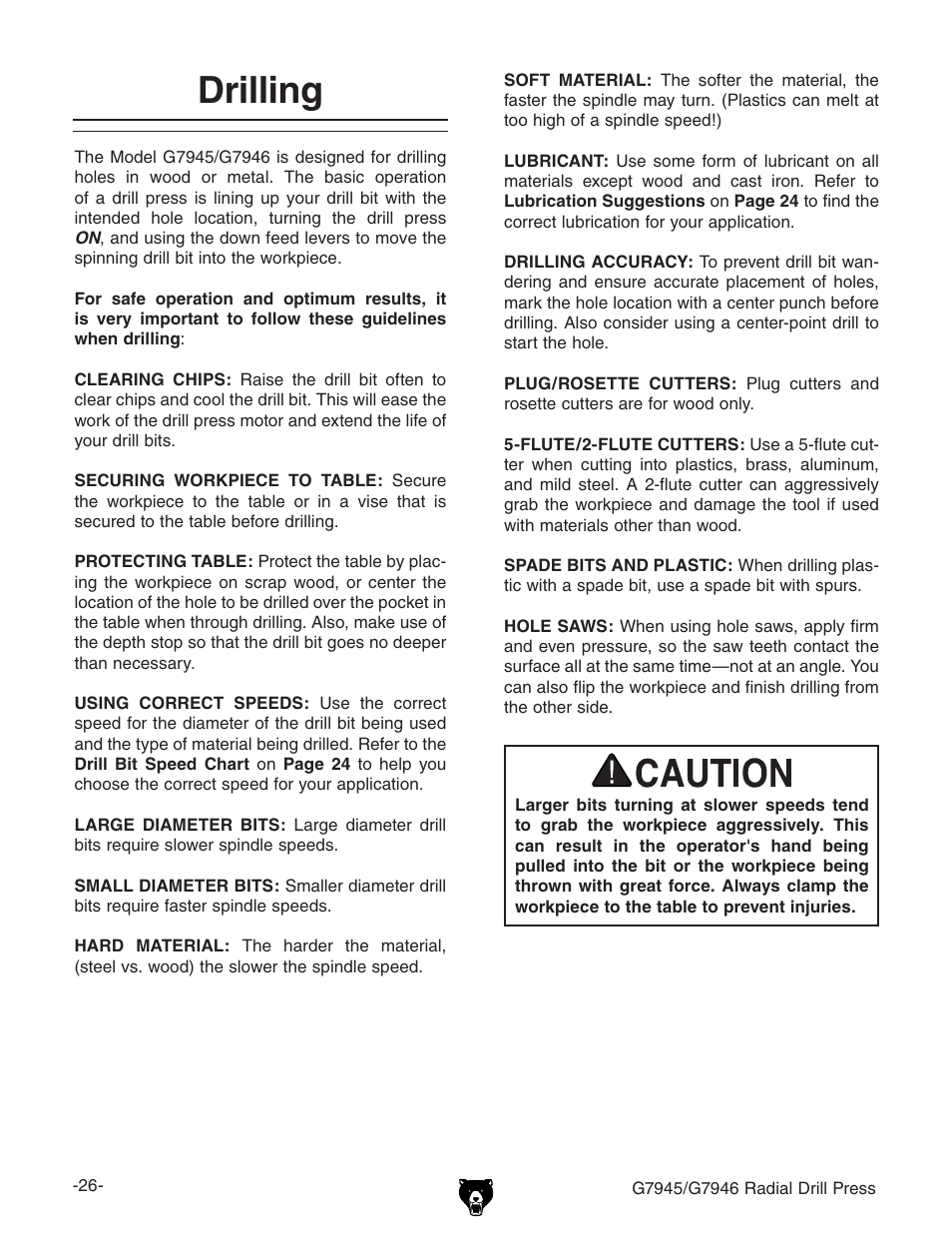 Drilling | Grizzly G7945 User Manual | Page 28 / 52