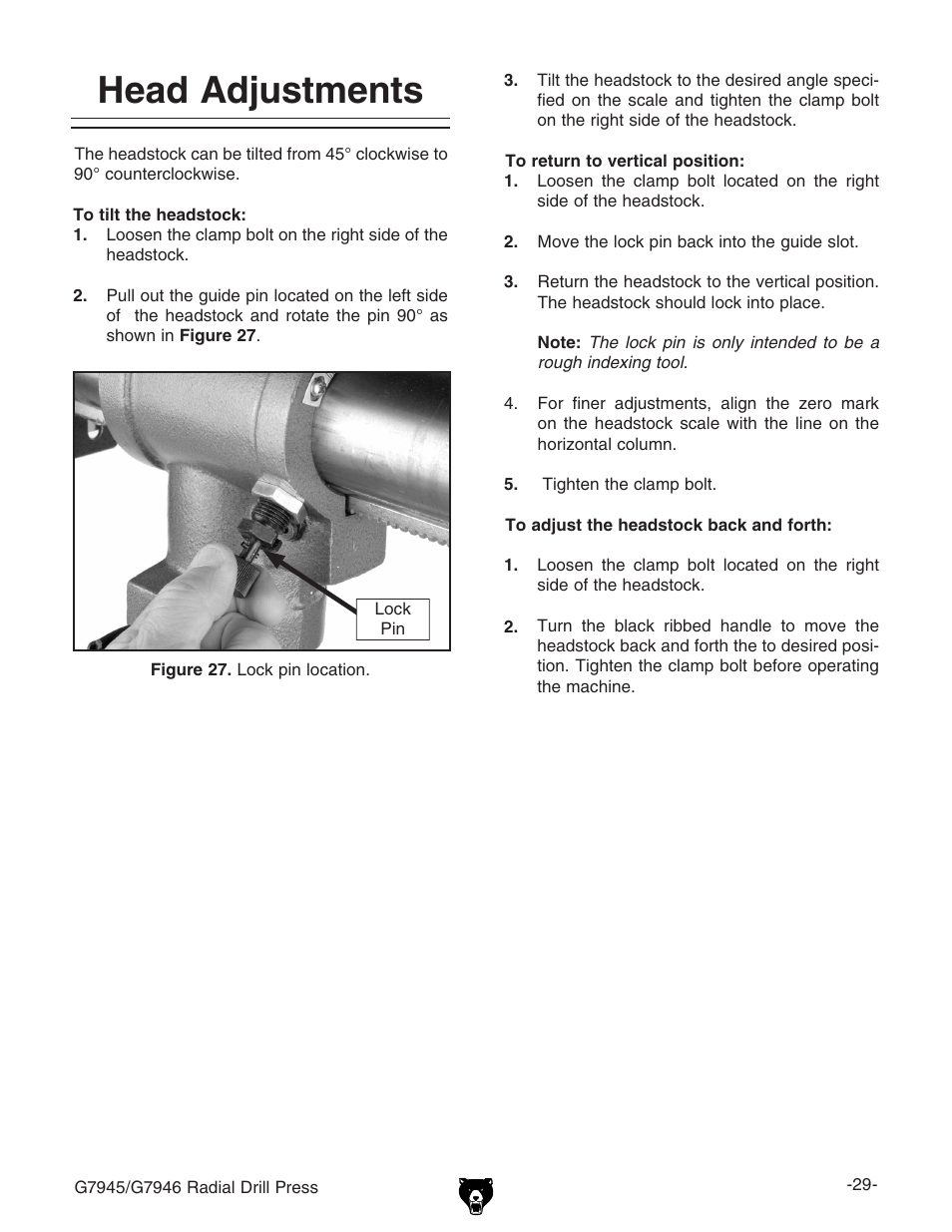 Head adjustments | Grizzly G7945 User Manual | Page 31 / 52