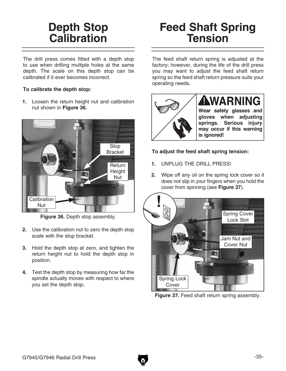 Depth stop calibration, Feed shaft spring tension | Grizzly G7945 User Manual | Page 37 / 52