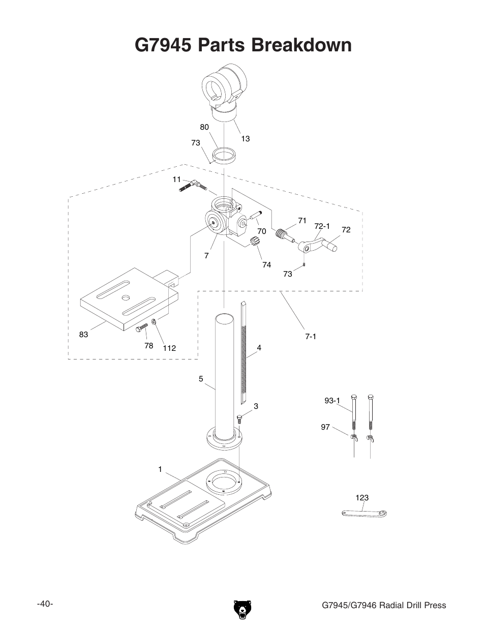 G7945 parts breakdown | Grizzly G7945 User Manual | Page 42 / 52