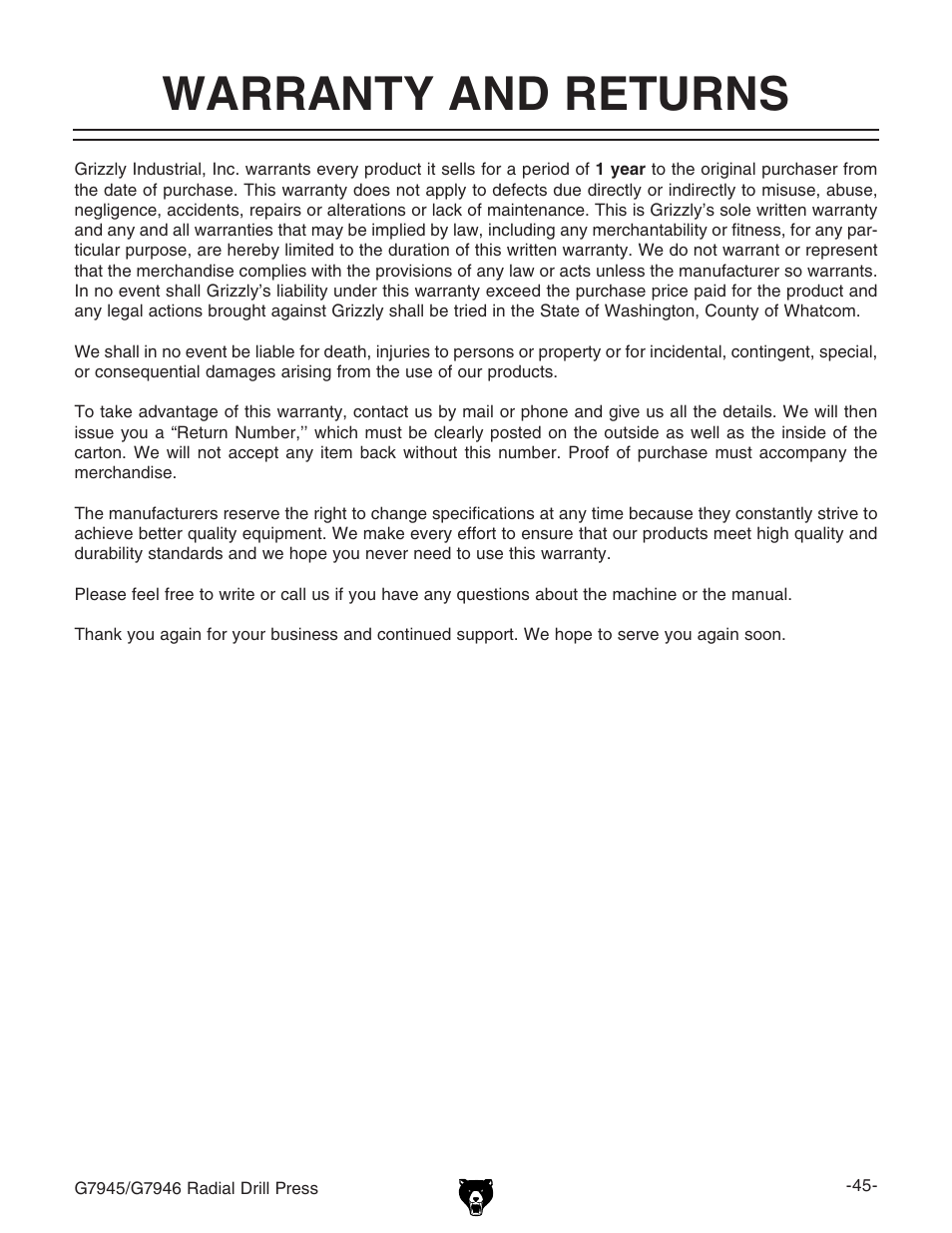 Warranty and returns | Grizzly G7945 User Manual | Page 47 / 52