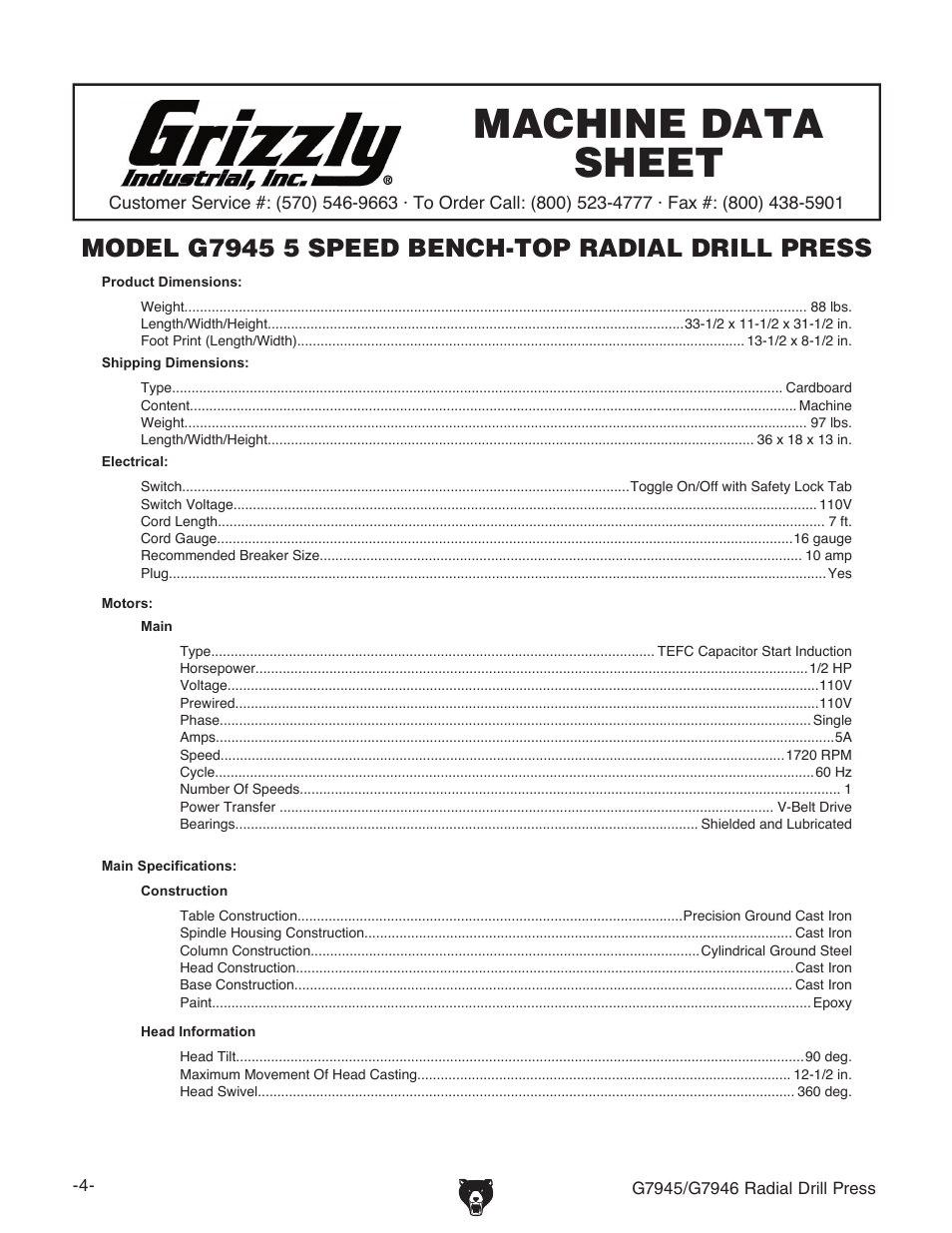 Machine data sheet, G7945 machine data sheet | Grizzly G7945 User Manual | Page 6 / 52