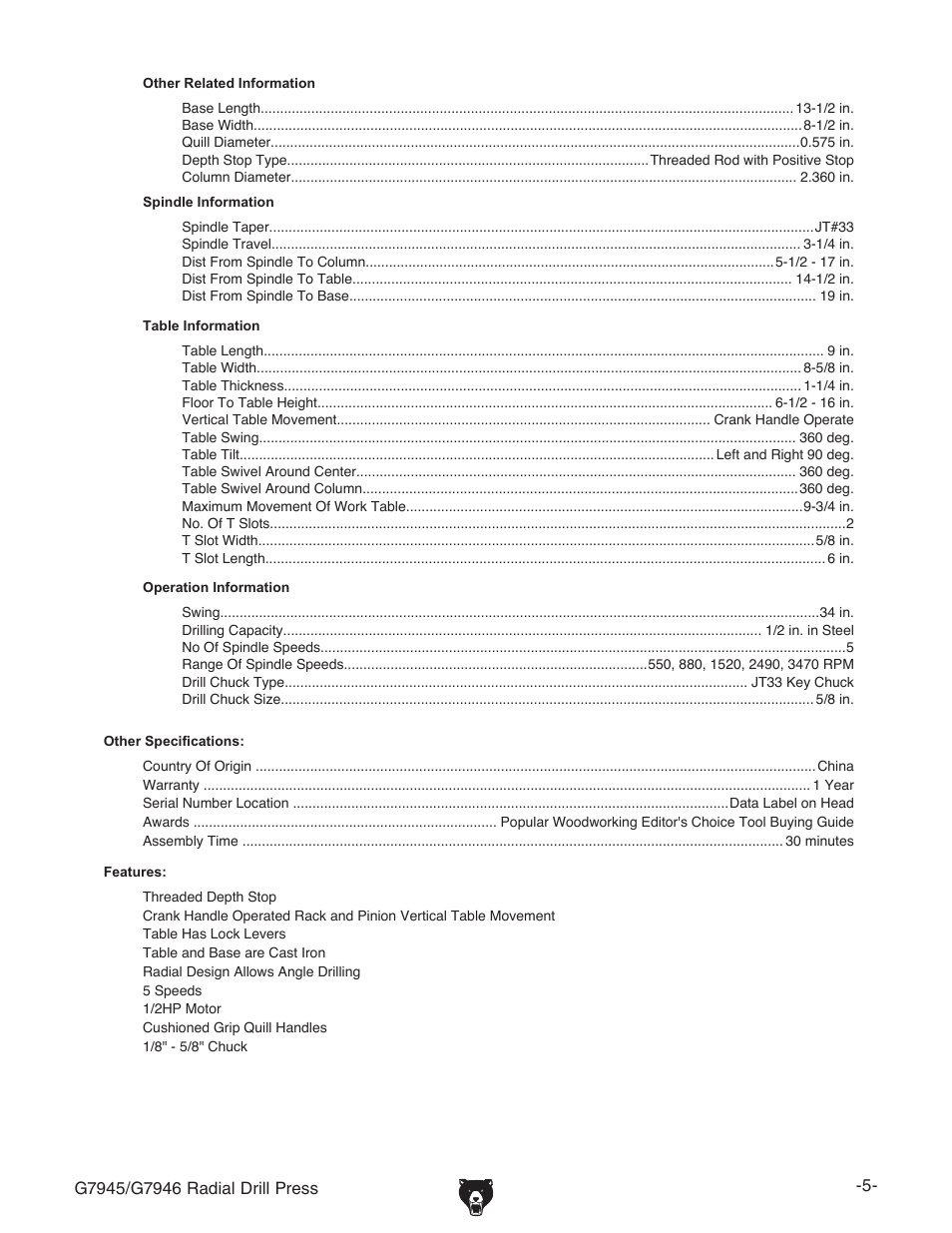Grizzly G7945 User Manual | Page 7 / 52
