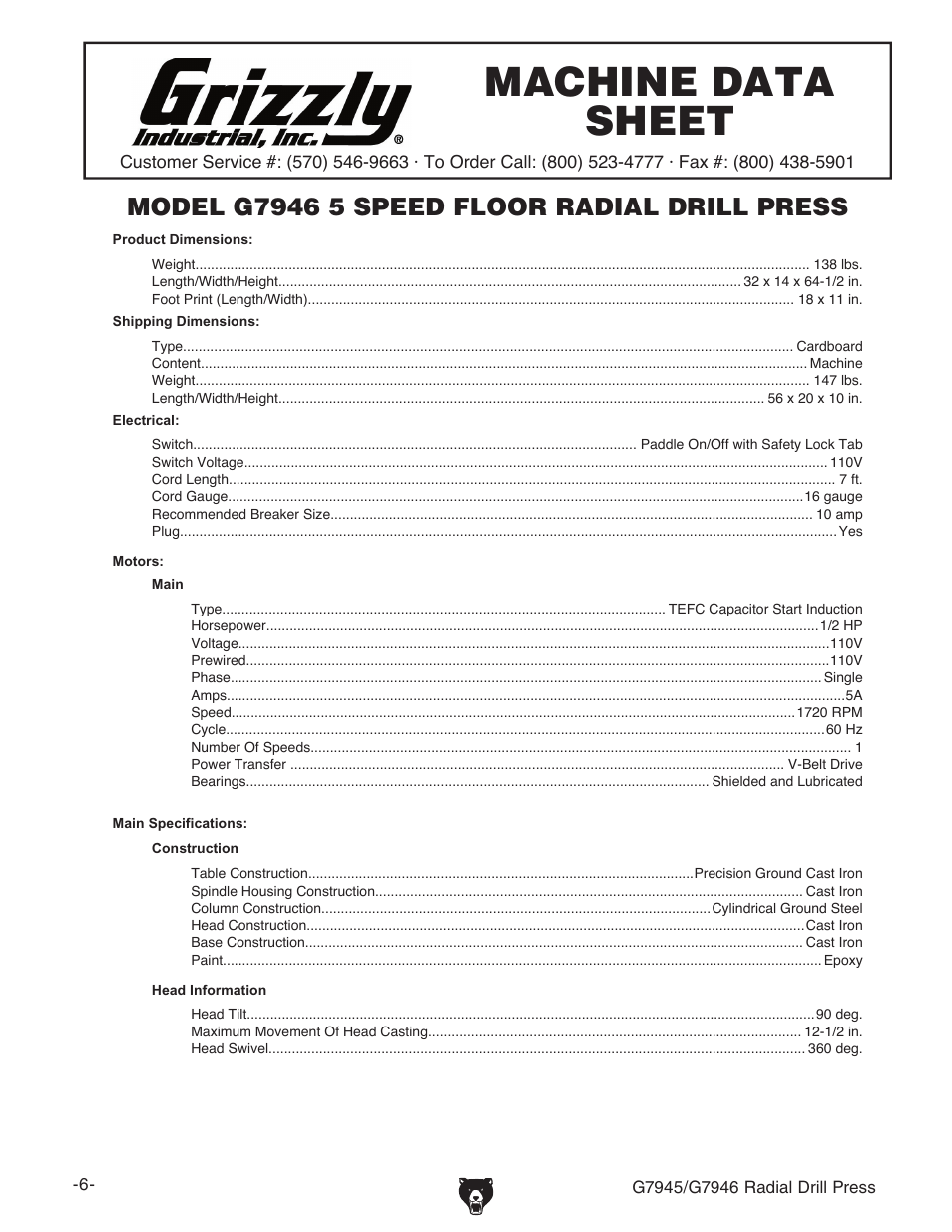 Machine data sheet, G7946 machine data sheet | Grizzly G7945 User Manual | Page 8 / 52