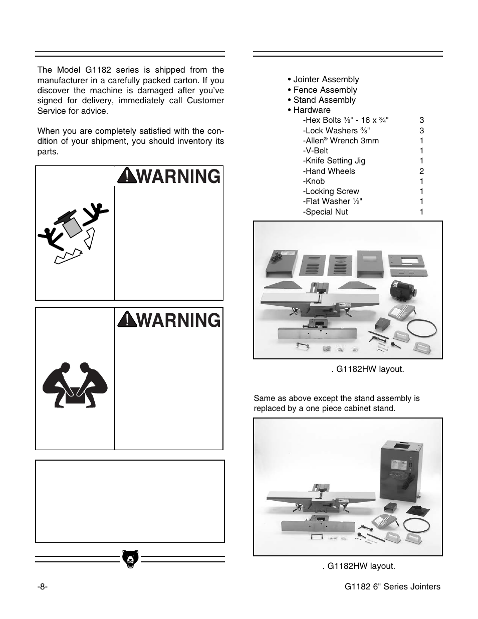 Unpacking piece inventory, Notice | Grizzly G1182HW User Manual | Page 10 / 44