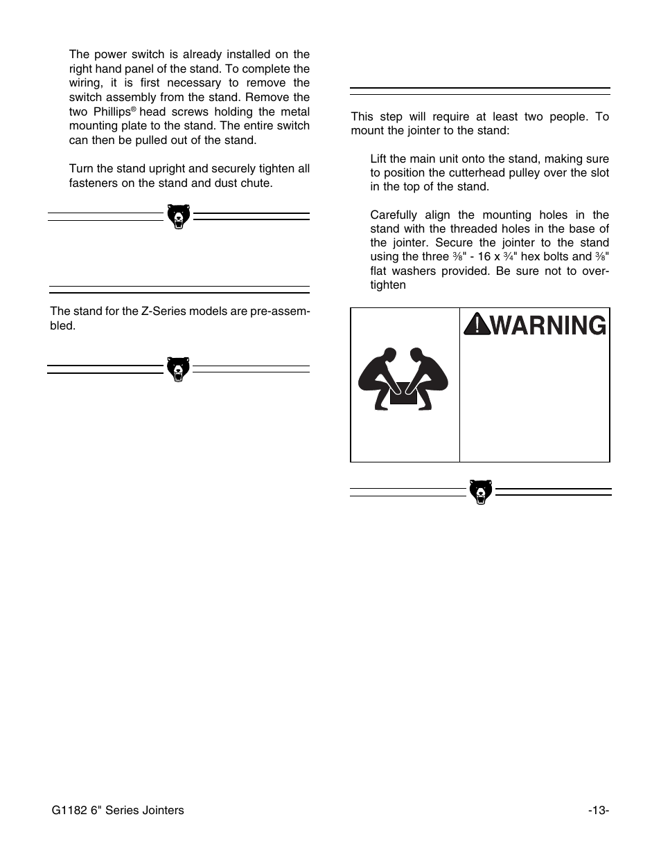 Jointer to stand stand, G1182z, zx & zhw) | Grizzly G1182HW User Manual | Page 15 / 44